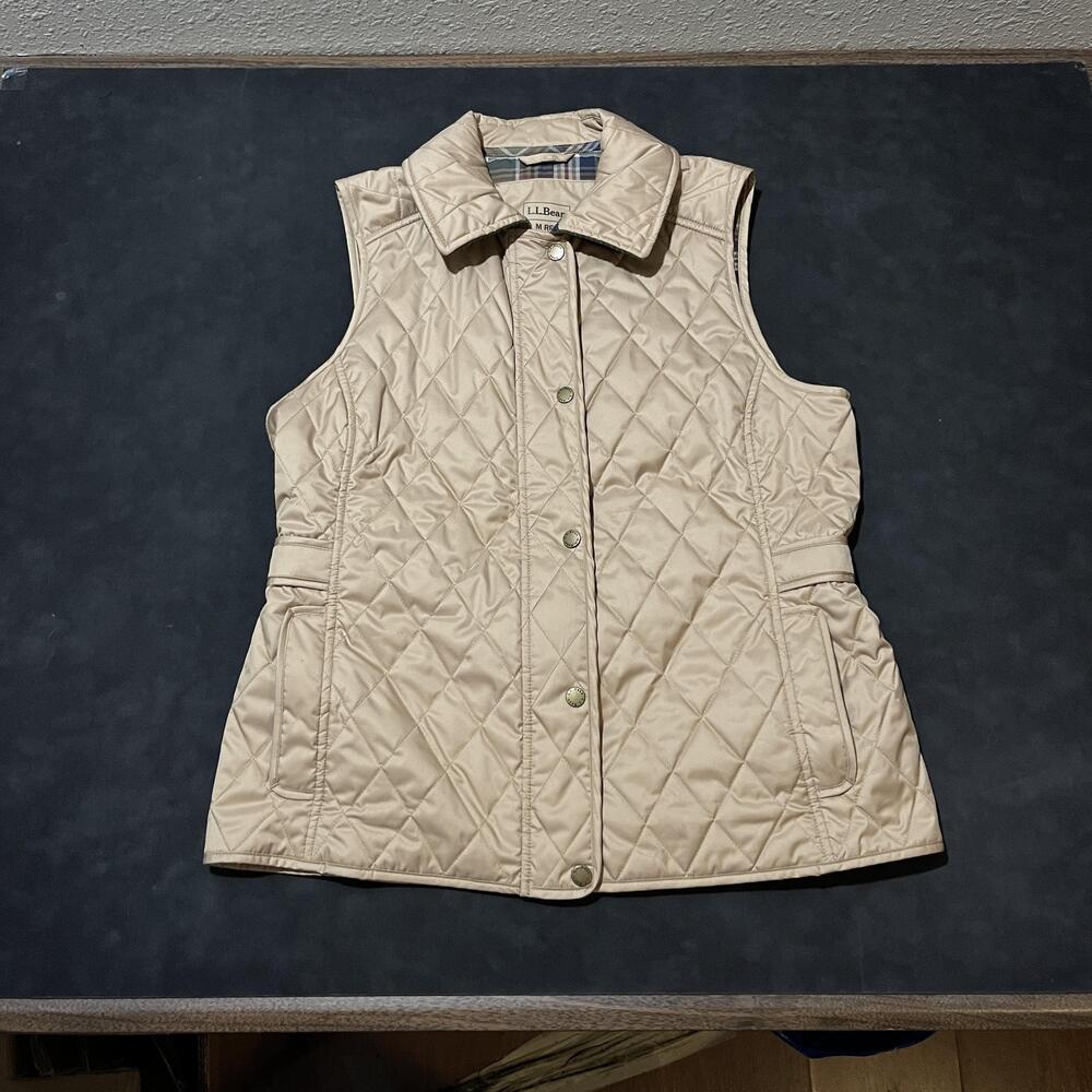 LL Bean Vest Womens Medium Barbour Quilted Plaid Lined Zip Snap Outdoor Hiking